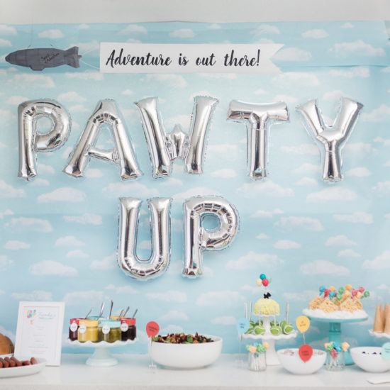 Pixar Up food table with cloud backdrop and "PAWTY UP" balloons