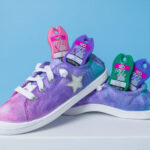 Ice Dyed Shoes in pink, purple and teal. Shown with Tulip fabric paint