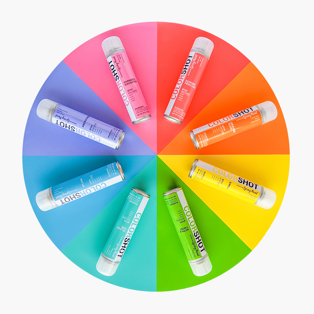 A color wheel featuring Colorshot's premium spray paints.