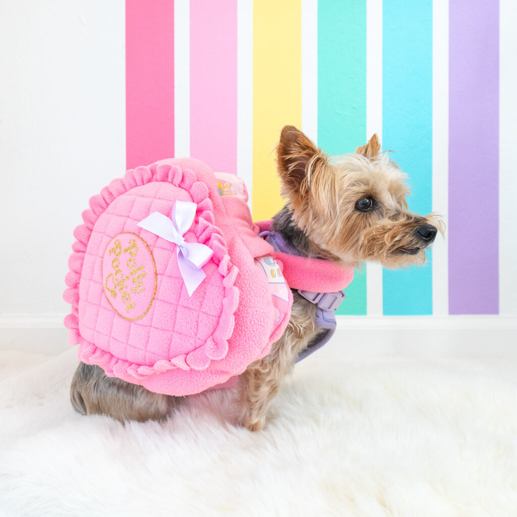 A tan Yorkie wears a pink Polly Pocket costume. It's made from pink fleece and is a heart shape with quilting and scallops around the edges.